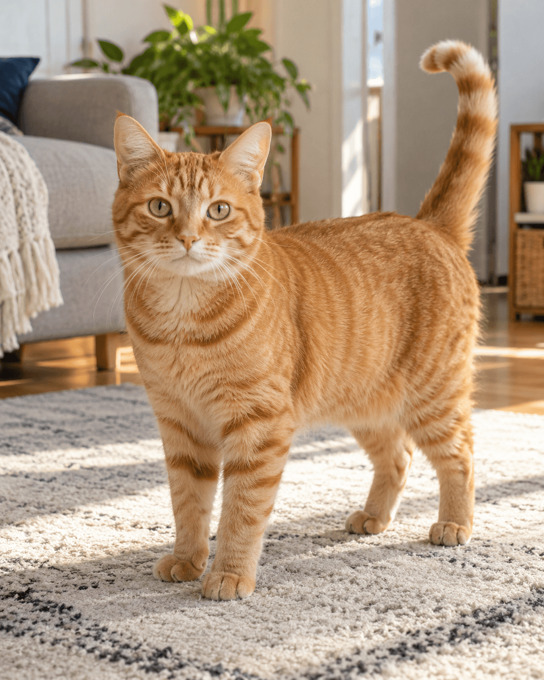 Orange tabby cat standing in a bright living room, used as the first photo reference in this case.