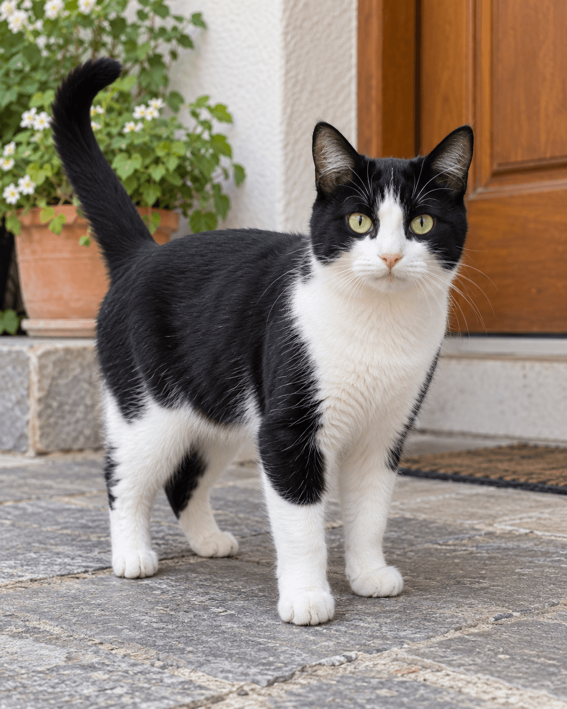 Black-and-white tuxedo cat standing outdoors, used as the second photo reference in this case.