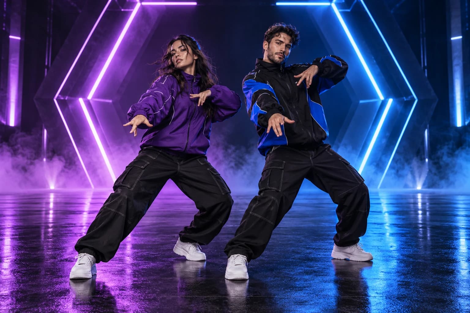 Concept artwork of two dancers on a neon violet and blue stage, illustrating the duo dance guide.